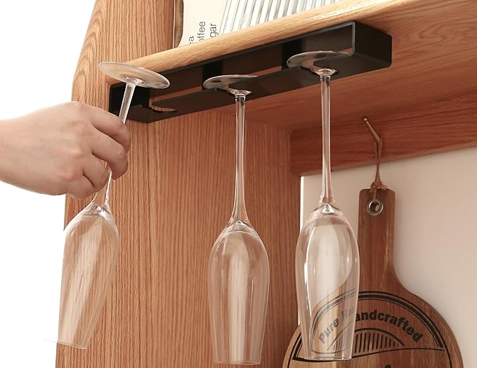 2Pack Wine Glass Holder Under Shelf Cabinet Wine Glass Rack Plastic Stemware Rack Glasses Storage Hanger Bar Kitchen Wine Glasses Organizer (black)