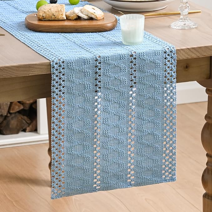 Artoid Mode Sky Blue Farmhouse Woven Rustic Hollow Table Runner, Seasonal Holiday Hollow Kitchen Dining Table Decoration for Home Party Decor 12x90 Inch