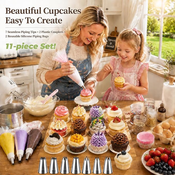 Hendiy Large Piping Tips Set, 11 Pieces Seamless Stainless Steel Cake Decorating Tips Kit, Reusable Piping Bags and Tips Frosting Icing Set for Cupcakes Cookies (2D 2F 1M 4B 1A 6B 853)