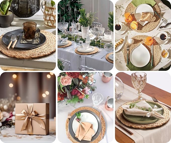 Aofmee 12 inch Round Woven Placemats Set of 10, Boho Rattan Place Mats, Natural Water Hyacinth Table Placemats, Farmhouse Weave Table Mats, Rustic Braided Wicker Charger Plates for Dining Table Decor