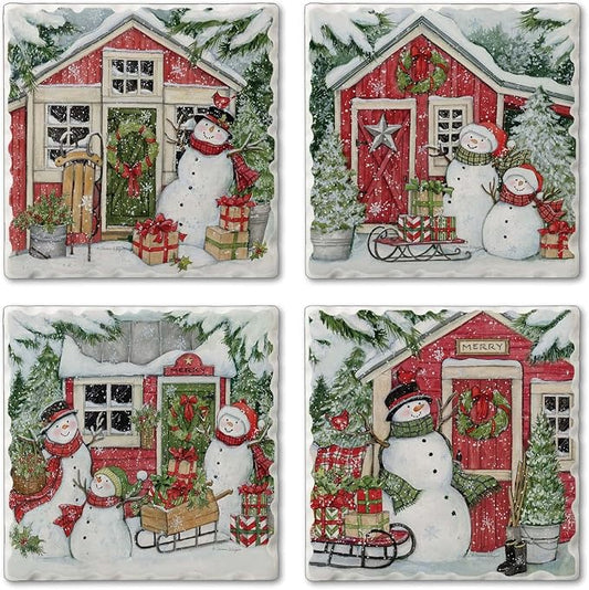 Thirstystone Snowman's Farmhouse 4 Pack Assorted Tumbled Tile Stone Coasters with Protective Cork Backing 4" Square Manufactured in the USA