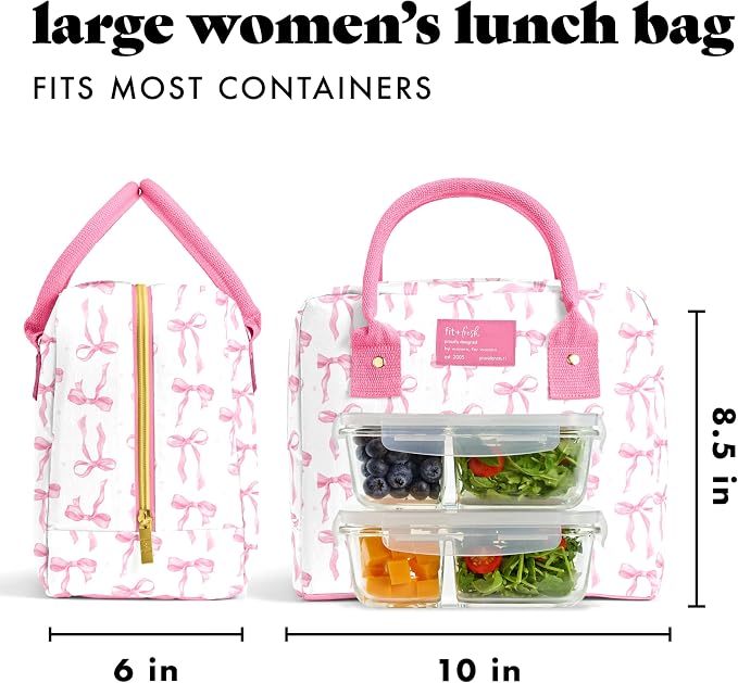 Fit & Fresh Bloomington Lunch Bag for Women - Insulated Large Lunch Box for Work with Containers, Leak-Resistant, Stain-Resistant, Zipper Closure, Pink Bows