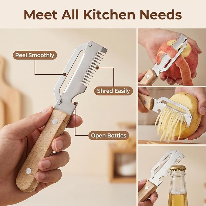 Multi Functional Vegetable Peeler for Kitchen, Vegetable Peeler & Shredder, Stainless Steel Blade with Wooden Handle, Multifunctional Kitchen Tool for Peeling, Shredding, and Bottle Opening 2pcs