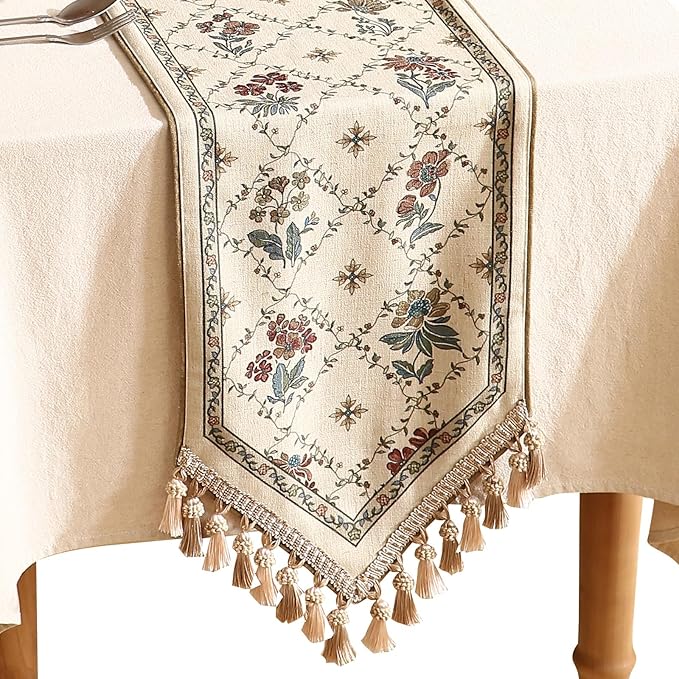 patdrea Designer Vintage Floral Linen Table Runner 71 Inch Long, Beige Cottage Rustic Bouquets Pattern Table Mat,Decor for Kitchen Dining Coffee Table Shelf Cabinet Banquet Christmas ,12"*71"