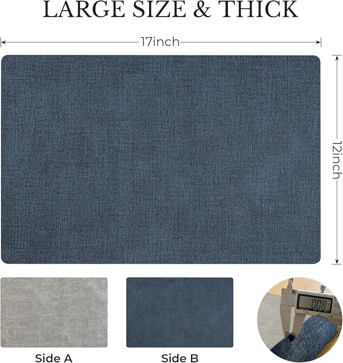 Romanstile Vinyl Placemats Set of 8, Reversible Faux Leather Heat Resistant Wipeable Table Mats, Waterproof Washable Non-Slip Table Placemats for Dining/Kitchen/Outdoor (Grey Nave Blue, 12" x 17")