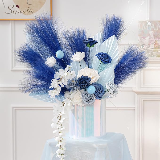 Serwalin 60PCS Pampas Grass Decor, 17.7Inch Sapphire Blue Artificial Pampas Grass Bulk Vase Filler Flower Arrangement for Home Wedding Decor