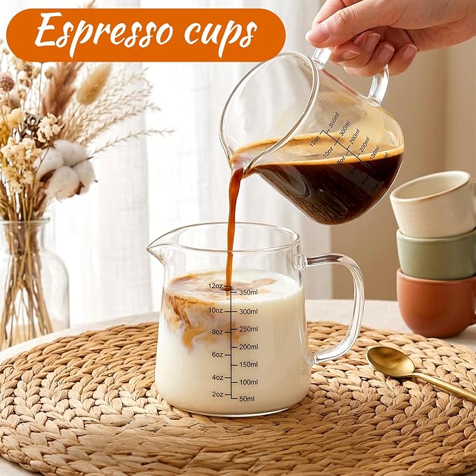2 Pack 12 oz Coffee Measuring Glass Cups, Espresso Cups, Espresso Accessories, Expresso Shots Cup, Heat-resistant Glass Measuring Cup, Milk Frothing Pitcher, Frother Cup, Creamer Container, Microwave