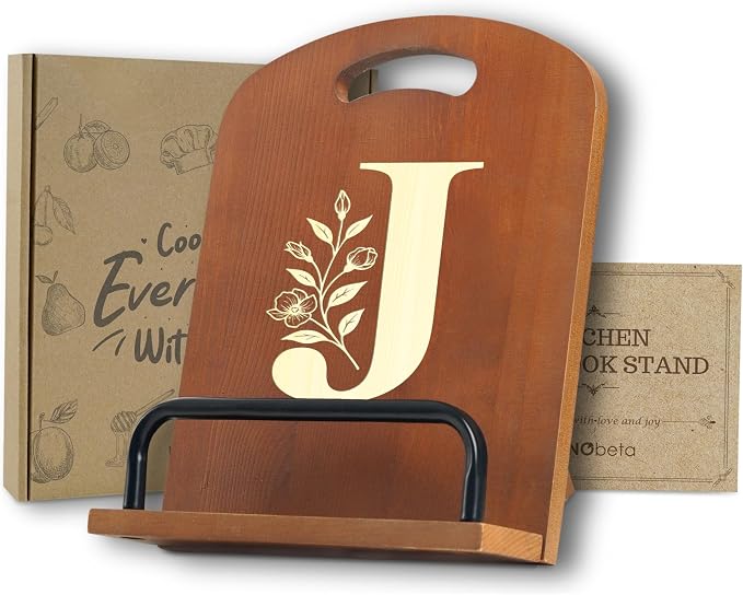 INNObeta Cookbook Stand for Kitchen Counter, Adjustable Tablet Recipe Book Holder, Perfect Gifts for Women, Mom, Grandma on Birthday, Unique Kitchen Decor, Initial J