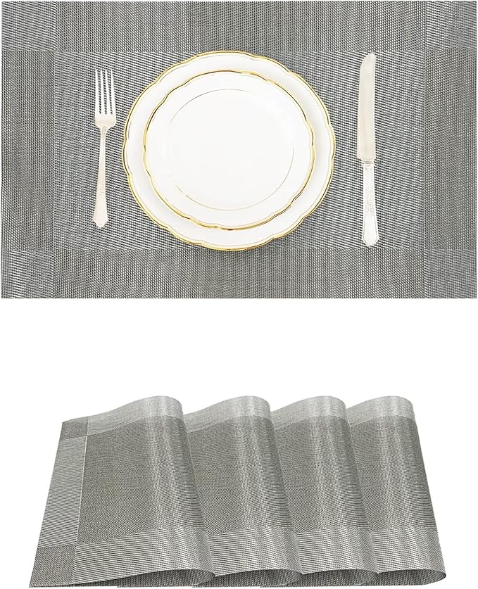 Placemat Set of 4,Vinyl/Plastic Woven Place mats, Washable Durable Heat-Resistant Non-Slip Table Mats, Wipeable Placemats for Kitchen Dining Tables, Indoor/Outdoor Use (Silver Gray, 4)