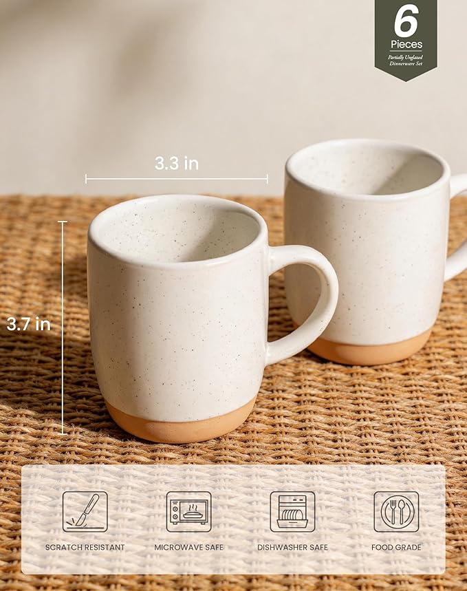 OTAGO Coffee Mugs for 6, 12 oz Mug Set, Partially Unglazed Base,Dringking Cup with Handle for Coffee, Tea, Cocoa, Milk, White