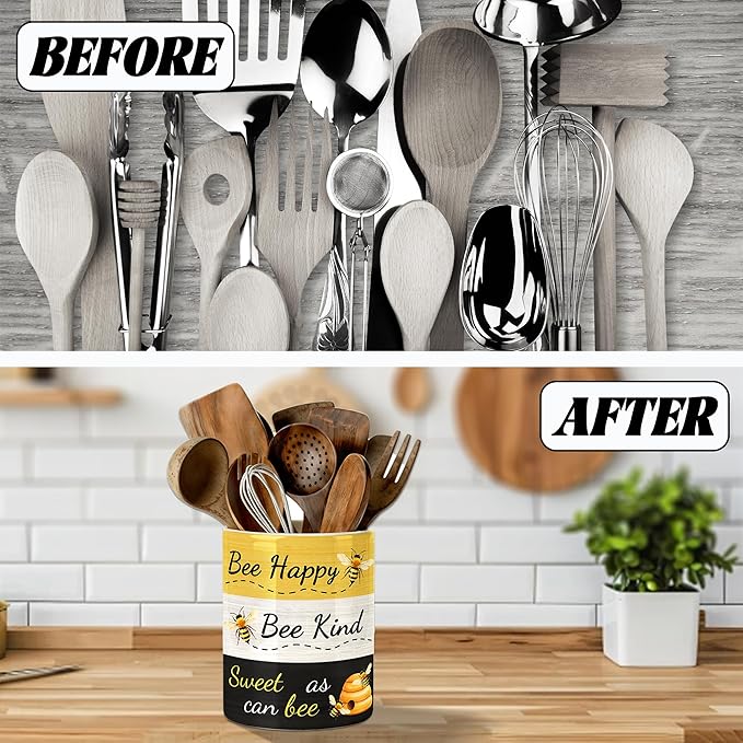 Bee Utensil Holder, Honey Bees Ceramic Kitchen Utensil Holder, Utensil Crock for Home Kitchen Countertop Storage Organizer Container, Large Holder for Spatulas, Spoons, Kitchen Counter Decor, 6"