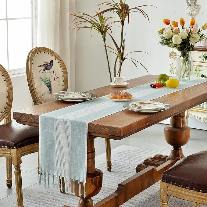 Wracra Linen Table Runner, Farmhouse Macrame Table Runners 108 Inches Long for Dining Table Decor, Wedding, Party and Dresser Decor (Aqua Blue,108")