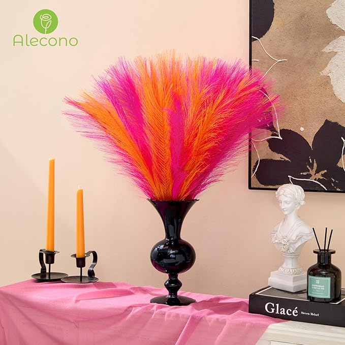 Alecono Pampas Grass 17in 𝟯𝟬𝙋𝙘𝙨, Orange and Hot Pink Artificial Faux Fluffy Pampas Grass Decor for Home Wedding Centerpieces Party