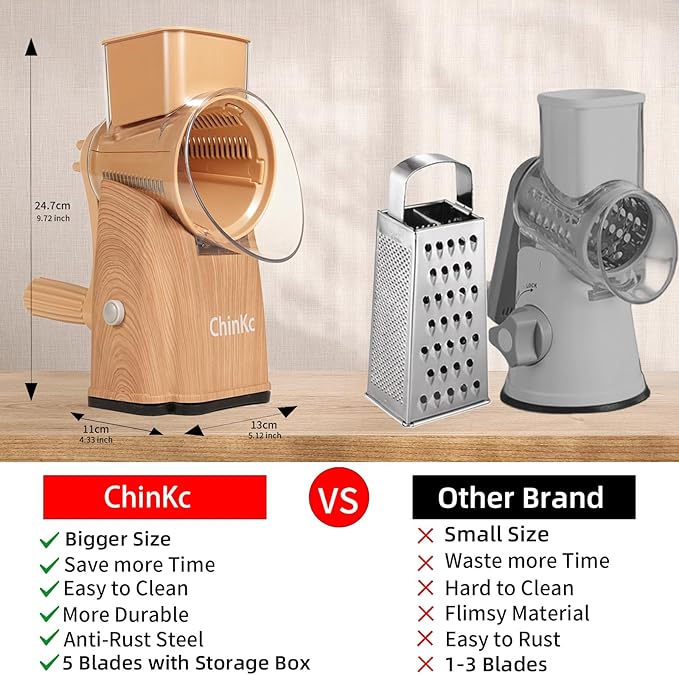 Upgrade Rotary Cheese Grater Shredder with Handle, Strong Suction Base, Multi-purpose Rotary Grater Slicer with 5 Interchangeable Blades for Ice, Vegetables, Fruit, Nuts with Blade Storage Box