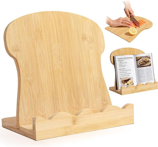 Scalloped Bamboo Cookbook Stand with Removable Cutting Board, Adjustable Recipe Holder & Charcuterie Board, 2-in-1 Kitchen Counter Decor and Serving Tray