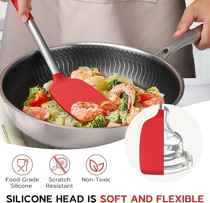 Onader 15 Pcs Silicone Cooking Utensils Set, Red Kitchen Utensils Spatula Set with Holder, Large Kitchen Gadgets Tools for Nonstick Cookware