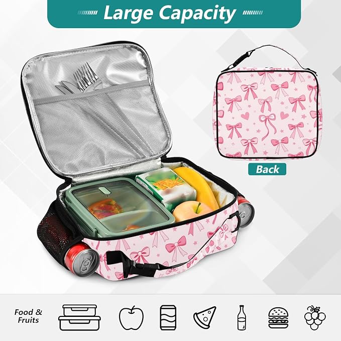 Kcldeci Cute Coquette Pink Ribbon Bow Lunch Box Kids, Large Insulated Lunch Bag for Girls, Cooler Lunchbag, Toddler Lunchbox, School Daycare Lunch Tote Pail for Boys