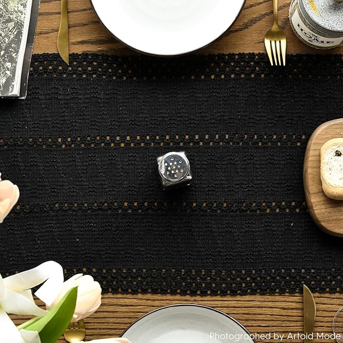 Artoid Mode Black Farmhouse Woven Rustic Hollow Table Runner, Seasonal Holiday Hollow Kitchen Dining Table Decoration for Home Party Decor 12x108 Inch