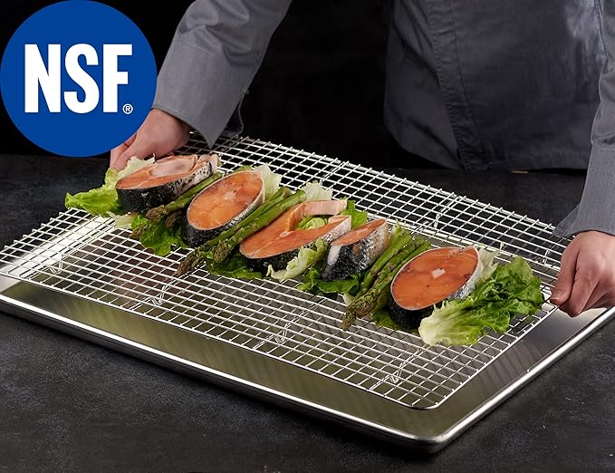 CURTA 2 Pack 16.8" X 24.4" Chef Cooling Rack,NSF Listed 18/8 Stainless Steel Oven Safe Grid Wire Cookie Cooling Racks for Baking & Cooking - Commercial Grade comes with Lifting Handl