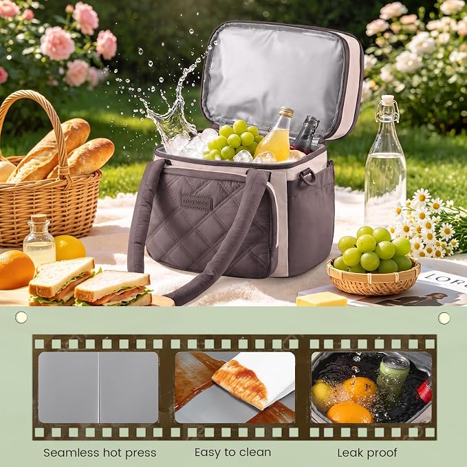 LOVEVOOK Insulated Lunch Bag Women,Expandable Double Deck Adult Lunch Box Women with Cup Holder,Bow Quilted Puffer Lunch Tote,Large Leakproof Collapsible Cooler Bag for Work College Picnic Meal Prep