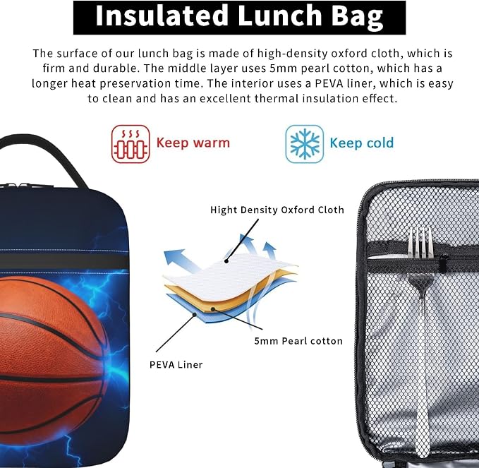 Basketball Lunch Box Insulated Lunch Bag for Adult Women Men Reusable Aesthetic Tote Lunchbox Container Work Outdoor Picnic Hiking