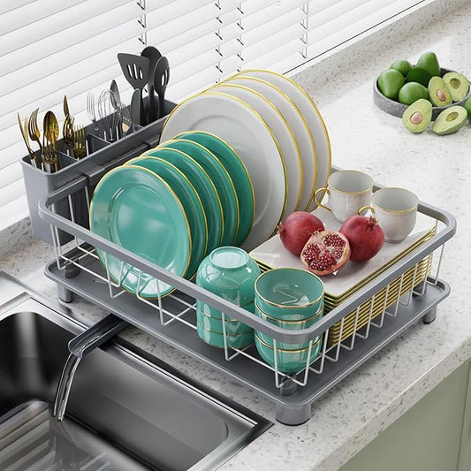 Hiviweer Dish Drying Rack - Space-Saving Dish Rack,Dish Racks for Kitchen Counter with Drainboard, Rustproof Dish Drainer with a Removable 4-Compartment Utensil Holder,Gray