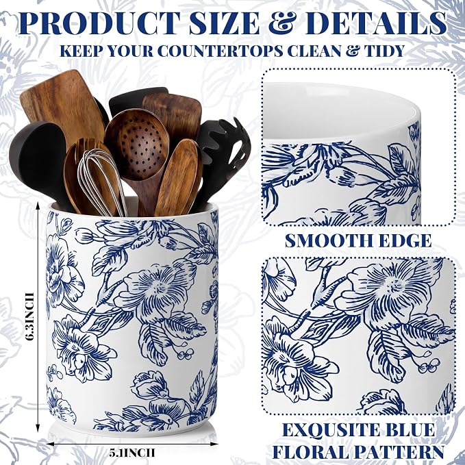 Suclain Blue Floral Ceramic Utensil Holder 6.3 Inch Chinoiserie Vintage Kitchen Crock Blue and White Floral Countertop Storage Organizer for Spatulas and Spoons Home Cooking Unique Gift Idea