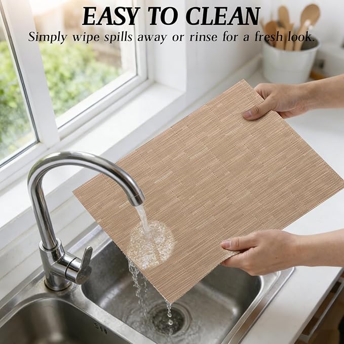 Timeet Placemats Set of 8, Heat Resistant Non-Slip Place Mats, Durable Washable PVC Vinyl Woven Table Mats, Linen Textured Table Placemats for Dining Kitchen Resistant Easy to Clean(Brown)