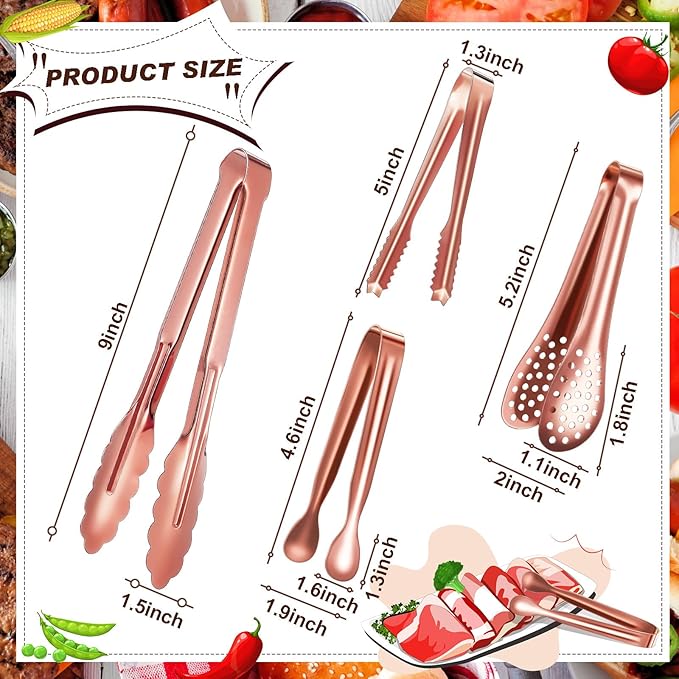 Sawysine 12 Pieces Tongs for Serving Utensils Mini Serving Tong Stainless Steel Appetizer Kitchen Toy Sugar Ice Food Cooking Utensils for Salad Buffet Party, 5 Inch, 9 Inch(Rose Gold)