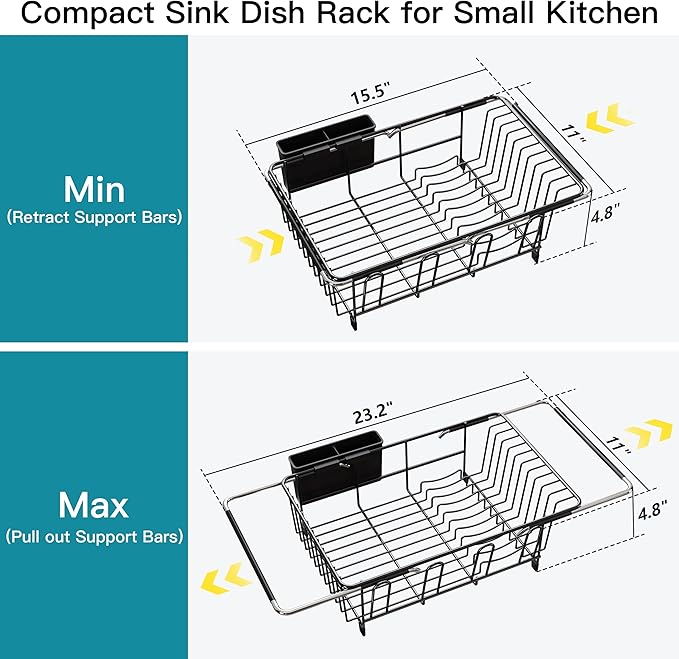 Black Dish Drying Rack Over the Sink In Stainless Steel Expandable Drainer for Small Kitchen, Counter Space Saving Compact Inside Sink Plate Dryer, Adjustable Hanging Metal Wire Strainer Drain Holder