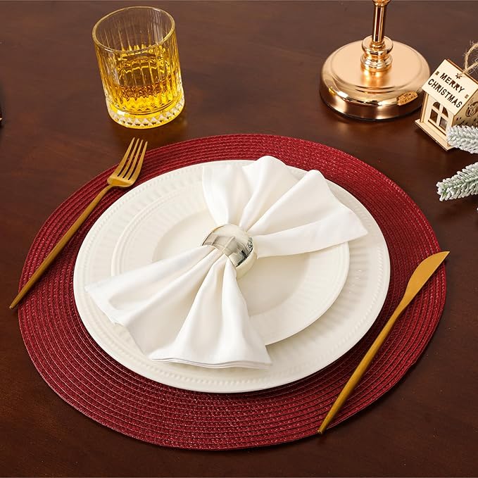 HODJOY Placemats Set of 6, Round Woven Table Mats for Dining Table, Washable Non-Slip Placemats for Christmas, 15inches (Dark Red)