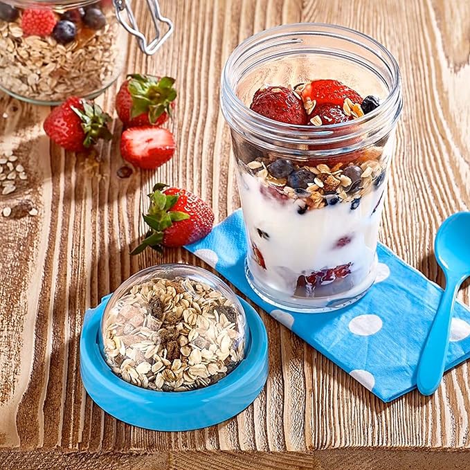 Hakan 15 oz Glass Muesli Container, Cereal Container Storage, Reusable Snack Cup with Lid, Cereal On the Go Cup, Meal Prep Container, Container with Lid for Yogurt, Snack, Fruit, Custard