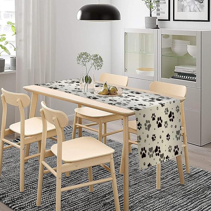 Dog Paw Print Table Runner, Cartoon Grey Simple Cute Cat Dog Animal Paw Print Table Decor Table Top Dining Kitchen Wedding Party 13x70 in