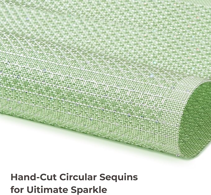 Leetaltree Sparkling Crisp Green Sequin Woven Vinyl Placemats, Set of 8 - Waterproof & Washable Dining Table Mats for Wedding, Anniversary, Daily Use, Hand-Cut