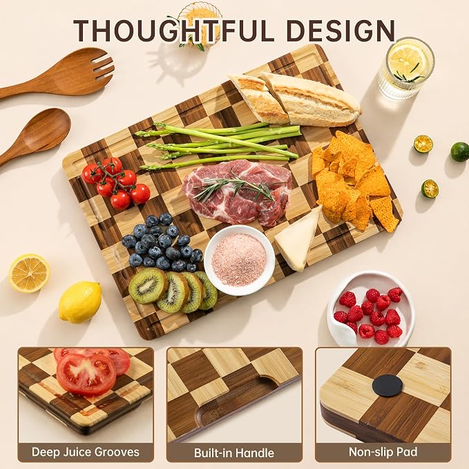 THETCHRY Bamboo Cutting Board Set, Checkered Wood Cutting Boards for Kitchen with Juice Groove, Non Toxic Wooden Charcuterie Boards, Non Slip Chopping Board for Meat Fruit Cheese, Housewarming Gift