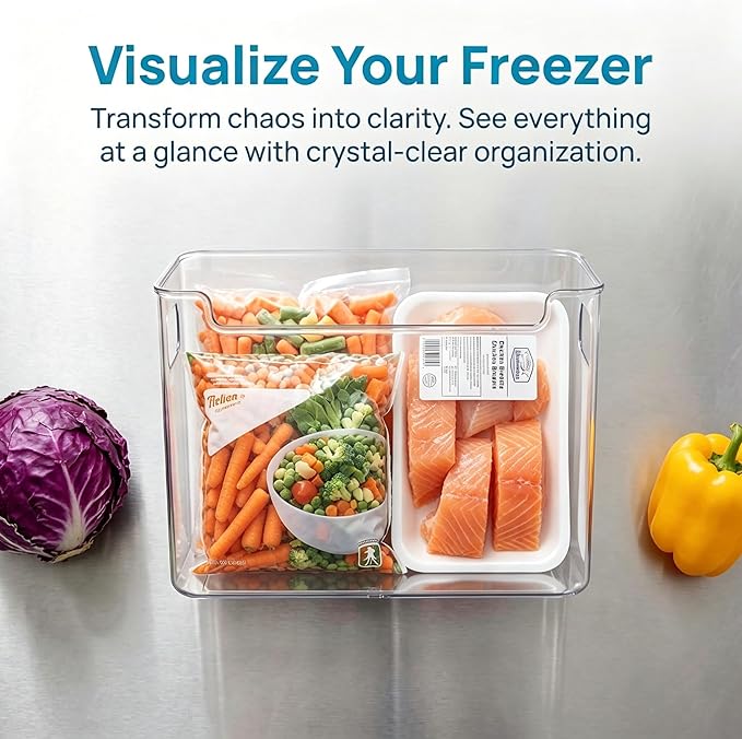 4 Pack Crystal Clear Freezer Storage Bins, Mixed Size Clear Bins for Organizing, Stackable Plastic Storage Bins with Handles, Kitchen Organizer for Refrigerator, Pantry, Cabinet (4s)