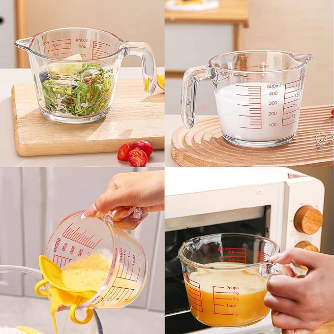 Glass Measuring Cups with Lids Set, Borosilicate Glass V-Shaped Spout Microwave Safe Scales Milk Cup for Cooking Baking (Red, 2CUP)