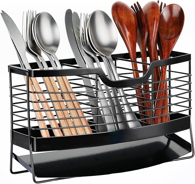 Utensil Holder, Stainless Steel Utensil Drying Rack with Automatic Drain Tray for Kitchen Counter, 3 Compartments Silverware Spoon Holder Cutlery Storage Organizer, Black