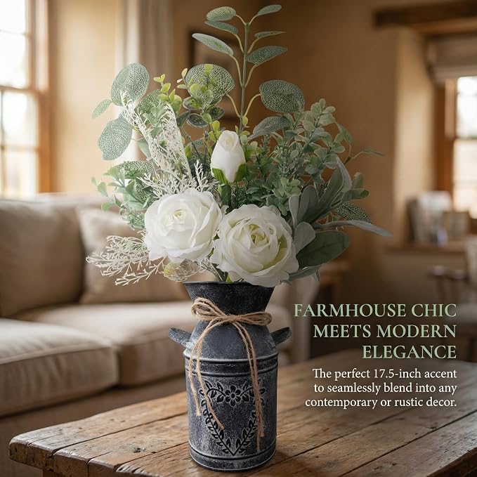 Faux Flowers in Vase 17.5" H Artificial Silk Roses Flower Fake Plants Eucalyptus Arrangement in Metal Vase Faux Silk Floral for Dining Table Centerpieces Home Office Decoration (White/Black Vase)