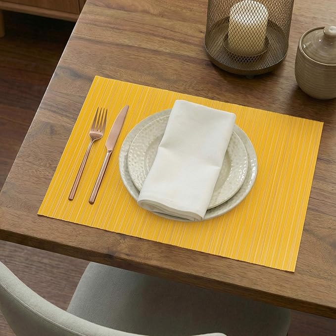 AHHFSMEI Placemats Set of 6 Woven Vinyl Non-Slip Heat Resistant Stain Resistant Easy Clean Place mats for Dining Table(Yellow)