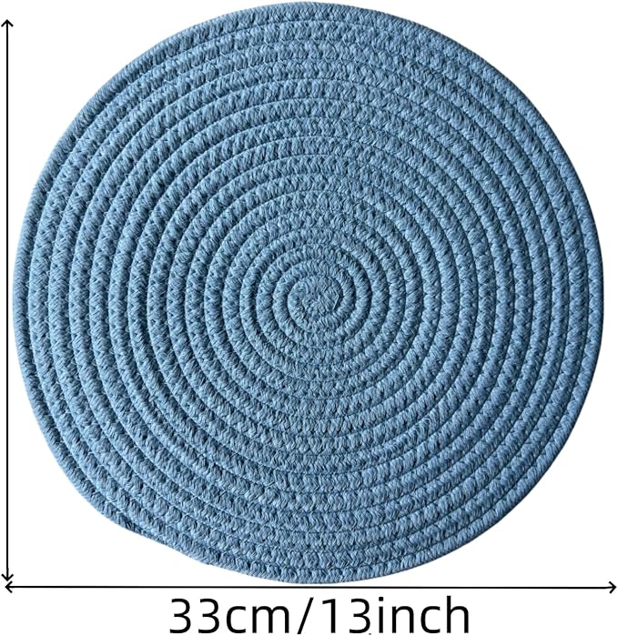 WAZAIGUR Round Placemats Washable Thick Cotton Absorbent 13 inch Round Table Mats for Kitchen Dining Table Set of 4 Round Woven Fabric Indoor/Outdoor Place Mats (Light Blue, 4)