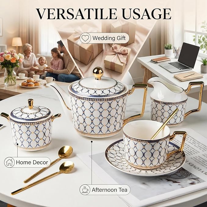 CwlwGO-European Bone China Tea Cup Sets, Blue and White Porcelain Tea Cups and Saucers Service for 4,Tea Sets For Women Party or Gifts Giving.