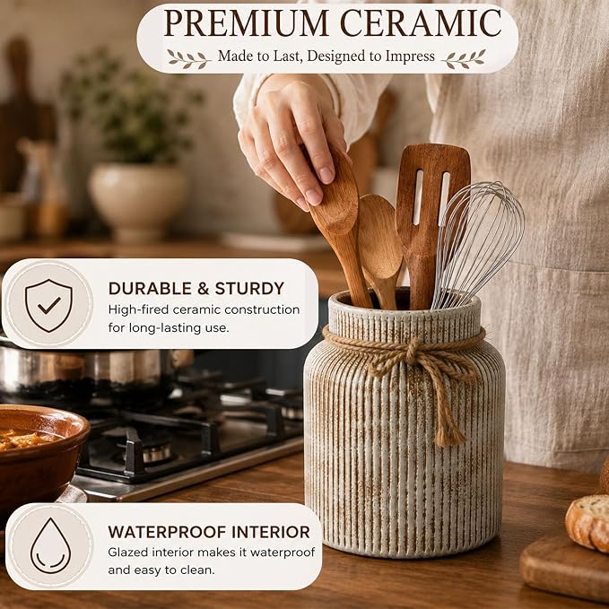 Farmhouse Ceramic Kitchen Utensil Holder for Countertop,Retro Country-Style Vertical-Striped Hemp Rope Design,Modern Kitchen Counter Organizer for Cooking Utensils ,Kitchen Decor & Decorative Vase