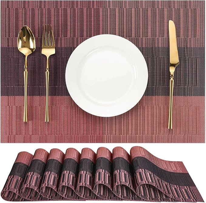 Placemats Set of 8, Vinyl Woven Place Mats Indoor Set of 8 Washable Wipeable PVC Table Mats Heat-Resistant Non Slip Plastic Placemat for Kitchen Dining Outdoor Table (Purple Red, Set of 8)