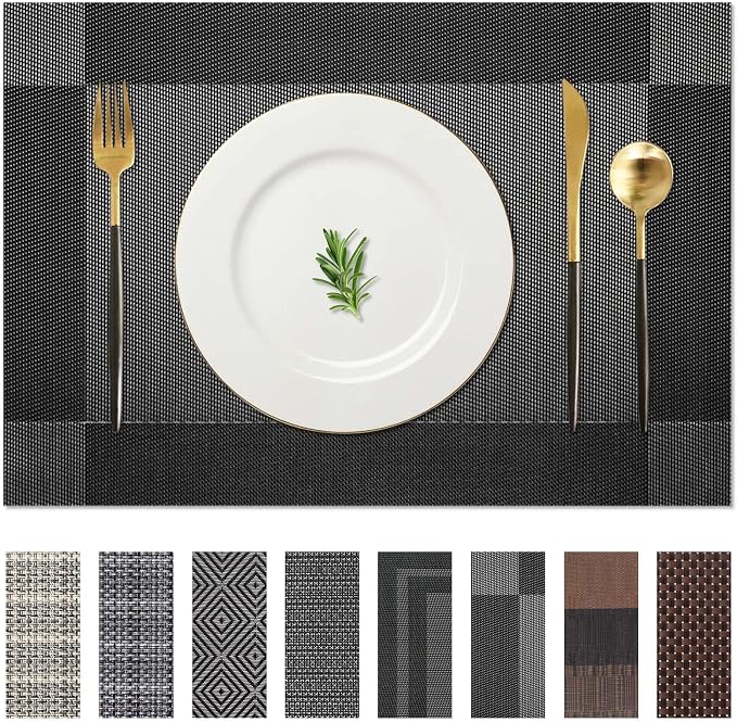 AHHFSMEI Placemats Set of 6 Washable Woven Vinyl Placemats for Dining Table Heat Resistant Non-Slip Stain Resistant Table Mats for Kitchen & Home Decor(Black Corner,6)