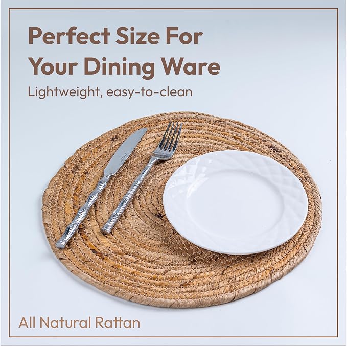 Round Woven 13" Rattan Placemats Set of 6, Made in Indonesia, Handwoven Heat-Resistant Table Mats, Eco-Friendly Boho Farmhouse Decor, Natural Wicker Chargers for Dinner Plates (Honey)
