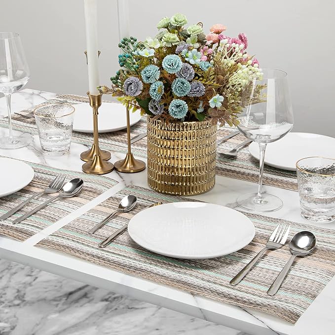 Winknowl Placemats Set of 8, Heat Resistant Non-Slip Vinyl Woven Table Mats for Dining Table, Washable Durable Elegant Place Mats for Kitchen Indoor/Outdoor Use (Teal Green)