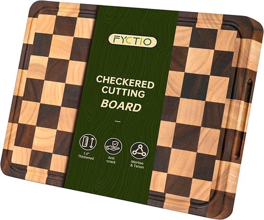 Checkered Cutting Boards for Kitchen, Acacia Wooden Chopping Board with Juice Grooves & Handles, 1.4" Thickened Butcher Block for Meat, Vegetables and Fruits with Gift Box, 1.4" x "16" x 11"