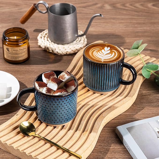 GBhome 6 OZ Stackable Coffee Mugs, Ceramic Coffee Mugs with Texture Patterns for Man,Woman,Dad,Mom, Modern Coffee Cups Set of 4 for Espresso/Cappuccino. Dishwasher&Microwave Safe