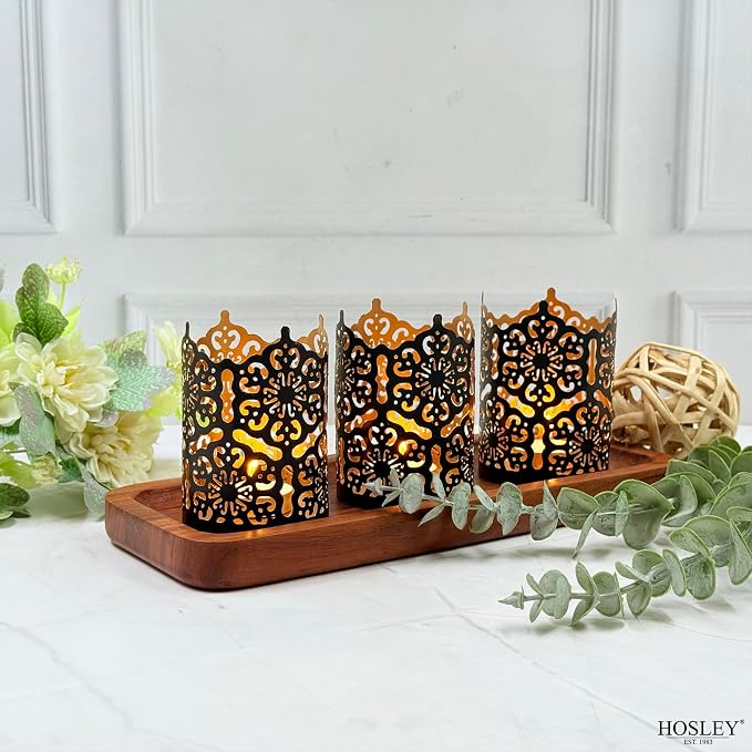 Hosley Set of 3 Black Metal Candle Holders 4 Inch High - Lattice Cut Lanterns for Table Centerpiece, Wedding, Home Decor, Indoor Outdoor